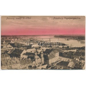 1911 Pozsony, Pressburg, Bratislava; látkép madártávlatból, zsinagóga / general view with synagogue (ázott sarok ...