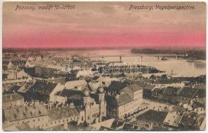 1911 Pozsony, Pressburg, Bratislava; látkép madártávlatból, zsinagóga / general view with synagogue (ázott sarok ...