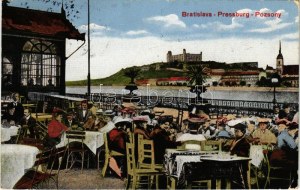 1934 Pozsony, Pressburg, Bratislava; Ligeti kávéház, terasz vendégekkel és pincérekkel, háttérben a vár ...