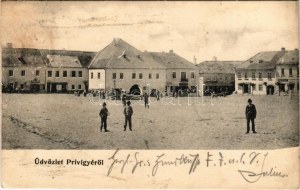 1900 Privigye, Prievidza; Erzsébet tér, templom, Gazdasági bank, gyógyszertár, üzletek. Gubits B. kiadása / square...