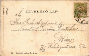 1900 Privigye, Prievidza; Erzsébet tér, templom, Gazdasági bank, gyógyszertár, üzletek. Gubits B. kiadása / square...