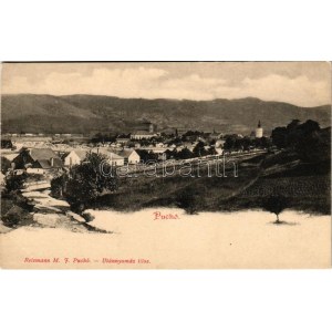 Puhó, Púchov; látkép, templom, híd, vasútvonal, zsinagóga. Reismann M. kiadása / general view, church, bridge...