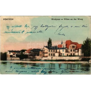 1909 Pöstyén, Piestany; Király sor, nyaralók, villák. Kohn Bernát kiadása / Villen an der Weg / villas (ázott sarok ...