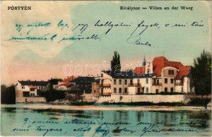 1909 Pöstyén, Piestany; Király sor, nyaralók, villák. Kohn Bernát kiadása / Villen an der Weg / villas (ázott sarok ...