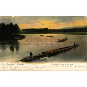 1909 Pöstyén, Piestany; Vág részlet tutajosokkal. Künzler kiadása / Partie an der Waag / Váh river with rafters ...