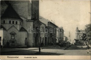 1911 Rimaszombat, Rimavská Sobota; Erzsébet tér, templom, Stech Kálmán üzlete / square, church...