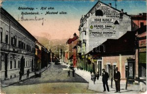 Rózsahegy, Ruzomberok; Híd utca, Rózsafüred gőzfürdő reklámja egy házfalon, Haas Rudolf, Vámos Sámuel...