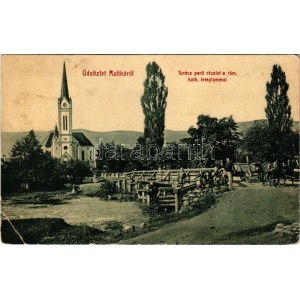 1909 Ruttka, Vrútky; Turóc-parti részlet, Római katolikus templom, híd. Felvidéki Magyarság nyomdája kiadása W.L. Bp...