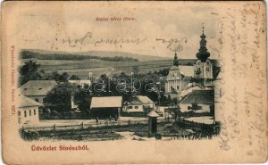 1901 Stószfürdő, Stoósz-fürdő, Kúpele Stós; Fő tér, templom. Wlaszlovits Gusztáv kiadása / main square, church (r...