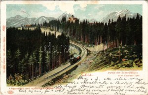 1907 Tátra, Magas Tátra, Vysoké Tatry; A fogaskerekű vasút tájrészlete a Csorbai tóhoz. Feitzinger Ede 1903/13. ...