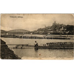 1910 Trencsén, Trencín; látkép, vár, híd, faúsztatás tutajokon / general view with castle, bridge...