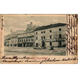 1901 Trencsén, Trencín; Városi kávéház, vár, üzletek. Szold Henrik kiadása / café, castle, shops (szakadások / tears...