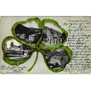 1902 Trencsénteplic, Trencianske Teplice; zsinagóga, Gansel Lipót lóherés művészlapja / synagogue, clover art postcard ...