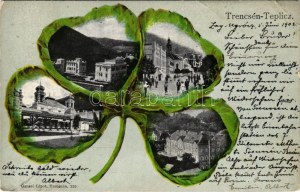 1902 Trencsénteplic, Trencianske Teplice; zsinagóga, Gansel Lipót lóherés művészlapja / synagogue, clover art postcard ...