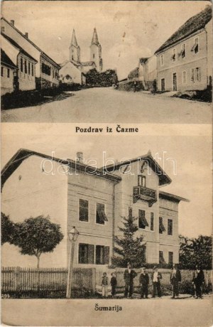 Csázma, Csezmice, Cazma; utca, templom, villa. M. Strauss kiadása / street view, church, villa (r)