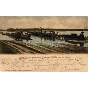 1902 Dálya, Dalja, Dalj; Gőzkomp Gombos és Erdőd között a Dunán, gőzmozdony kompra állítása. Phot. u. Verlag v...