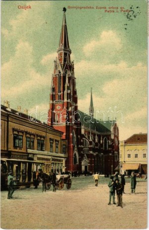 Eszék, Essegg, Osijek; Gornjogradska zupna crkva sv. Petra i. Pavla / Plébániatemplom, villamos, gyógyszertár, drogéria...