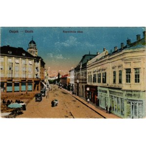 1918 Eszék, Essegg, Osijek; Kapucinska ulica / street view, drugstore, tram, market (Rb)