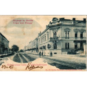 1899 Eszék, Essegg, Osijek; Kolodvorska cesta / Bahnhofstrasse / street view. Ottokar Rechnitzer's Lichtdruckanstalt No...