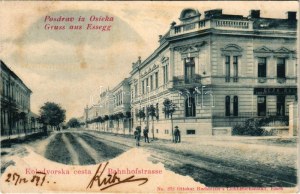 1899 Eszék, Essegg, Osijek; Kolodvorska cesta / Bahnhofstrasse / street view. Ottokar Rechnitzer's Lichtdruckanstalt No...