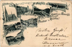 1898 Eszék, Essegg, Osijek; Oberstädter Pfarrkirche, Komitatsgasse, Kaupzinergasse, Eisenbahnbrücke, Jägergasse...