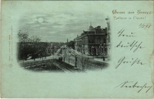 1898 Eszék, Essegg, Osijek; utca részlet este holdfényben, lóvasút / street view at night in moonlight, horse...