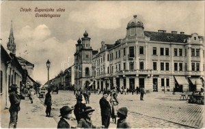 1910 Eszék, Essegg, Osijek; Zupanijka ulica / Comitatsgasse / utca, zsinagóga, gyógyszertár, piac, üzletek ...