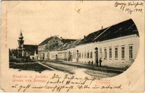 1902 Eszék, Osijek, Essegg; Duga ulica / utcakép, üzletek,G. Knittel kiadása / street view, shops (EB...