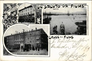 1899 (Vorläufer) Fiume, Rijeka; Hafen, Geschaftshaus Schambik, Rossbacher's Grand Hotel Europe / kikötő...