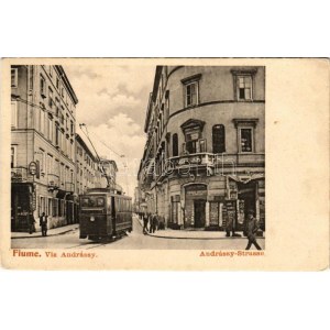 Fiume, Rijeka; Via Andrássy / Andrássy utca, villamos, C. Maly-Vidali üzlete / street view, tram, shop (EB...
