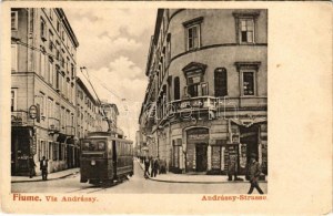 Fiume, Rijeka; Via Andrássy / Andrássy utca, villamos, C. Maly-Vidali üzlete / street view, tram, shop (EB...