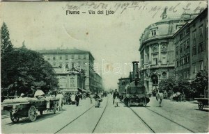 1907 Fiume, Rijeka; Via del Lido / utca, városi vasút, vonat, gőzmozdony / street view, urban railway, locomotive...