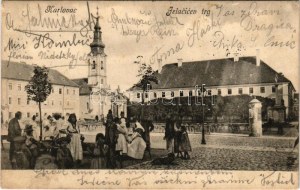1905 Károlyváros, Karlovac; Jelacicev trg / Jellasics tér, piac, templom. R. Mosinger, Ivan Sagan kiadása / square...