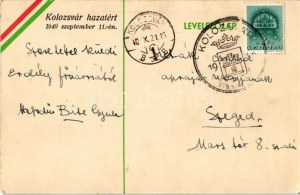 1940 Kolozsvár, Cluj; Mátyás király szobor. Hátoldalon Kolozsvár hazatért! 1940 szeptember 11-én magyar szalaggal ...