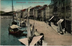 Mali Losinj, Lussinpiccolo; Riva Arciduca Ferdinando / quay, boats, shops. Stengel & Co.