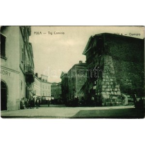1917 Pola, Pula; Trg Comizio / square, market, shops + K.u.K. Marinespital Pola Briefzensur (EK)