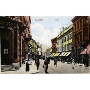 1923 Zagreb, Zágráb; Ilica / utca, üzletek, bank, villamos / street view, shops, bank, tram (lyuk / hole...