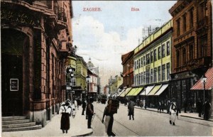 1923 Zagreb, Zágráb; Ilica / utca, üzletek, bank, villamos / street view, shops, bank, tram (lyuk / hole...