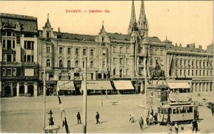 1912 Zagreb, Zágráb; Jelacicev rg / Jellasics tér, villamos, Anker, bank, üzletek. W.L. Bp. 7474. 1911-13. / square...