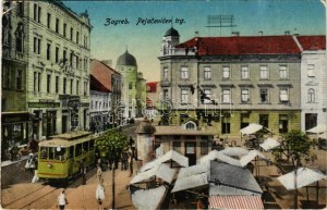 Zagreb, Zágráb; Pejacevicev trg / utca, villamos, Ernest Kardos üzlete. Vasúti levelezőlapárusítás 1467. ...