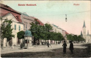 Munkács, Mukacheve, Mukacevo; Fő utca, római katolikus templom, étterem. Bertsik Emil kiadása / main street, church...