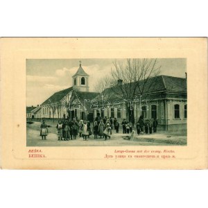 Béska, Beska; Lange-Gasse mit der evang. Kirche / Hosszú utca, Evangélikus templom. W.L. Bp. 4261. / street view...
