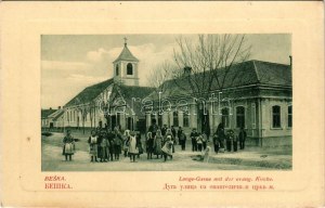 Béska, Beska; Lange-Gasse mit der evang. Kirche / Hosszú utca, Evangélikus templom. W.L. Bp. 4261. / street view...