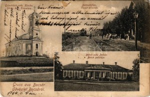 1904 Bocsár, Bocar; Görögkeleti (ortodox) templom, vasútállomás, gőzmozdony, vonat, Baich palotája, kastély ...