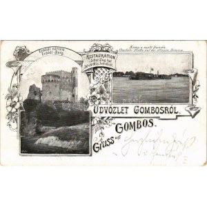 Gombos, Bogoja, Bogojevo; Erdődi várrom, Komp a nyílt Dunán. Szecessziós-virágos keret / Erdődi-Burg, Überfuhr...