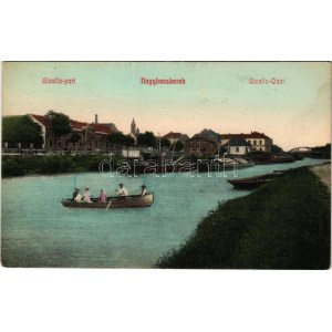 Nagybecskerek, Zrenjanin, Veliki Beckerek; Gizella-part, DDSG (DGT) uszály, csónakázók / Gisella-Quai / riverbank...