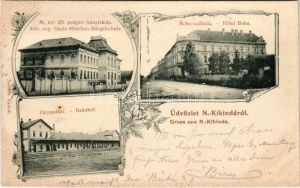 1900 Nagykikinda, Kikinda; M. kir. állami polgári leányiskola, Bohn szálloda, Pályaudvar, vasútállomás...