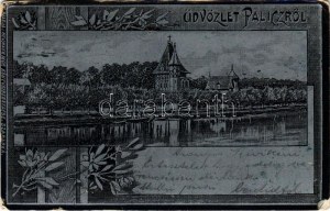 1899 Palics, Palic; Fürdő. Heumann Mór kiadása, szecessziós fémes hatású fóliás képeslap / spa. Art Nouveau...