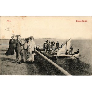 1910 Palicsfürdő, Palic, Palitsch; tórészlet a mólóval, csónak. Vig Zsigmond Sándor kiadása / lake, boat (fl...