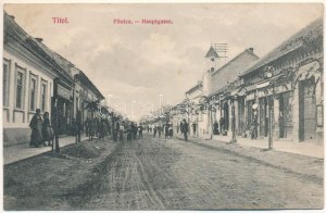 1915 Titel, Fő utca, üzletek. Nonnenmacher Endre és fia kiadása / Hauptgasse / main street, shops (ázott / wet damage...
